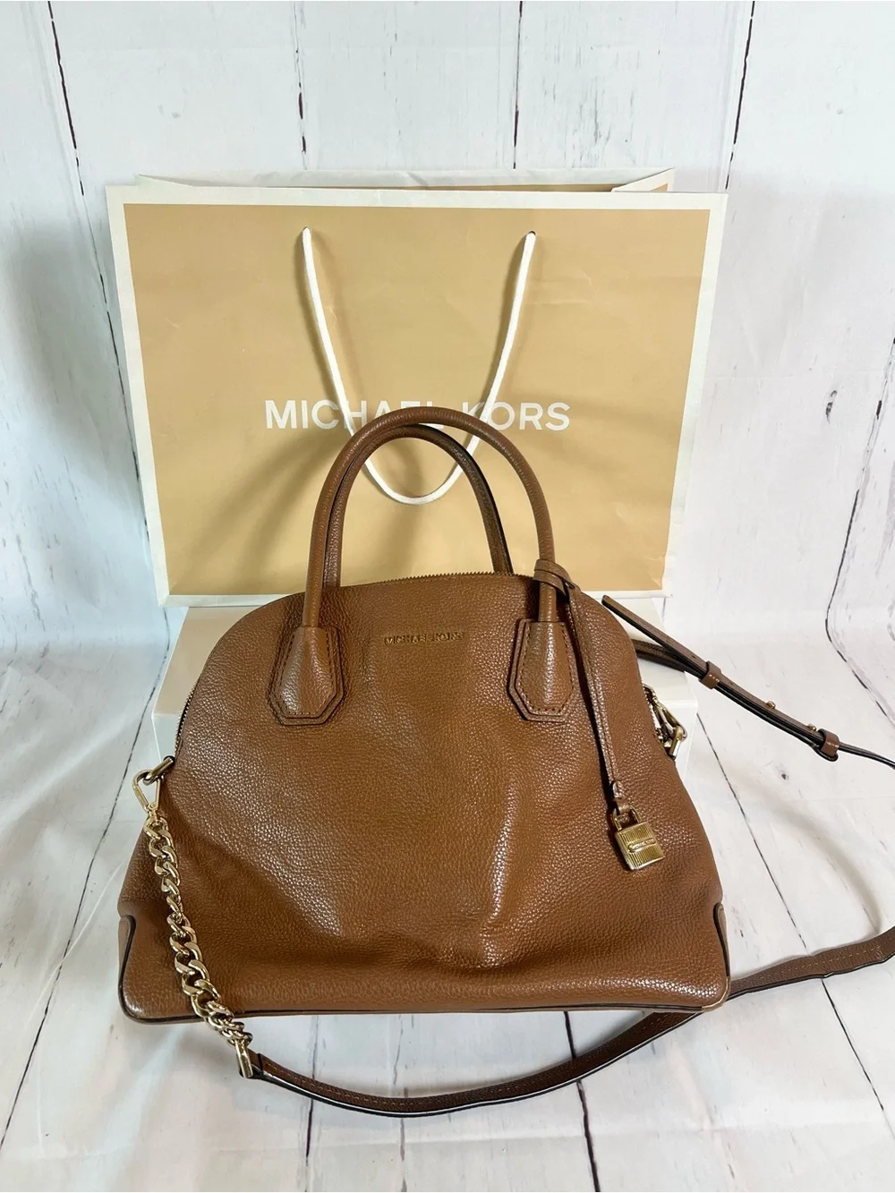 Michael Kors Mercer Medium Dome Satchel Bag Brown Leather with Shopping Bag